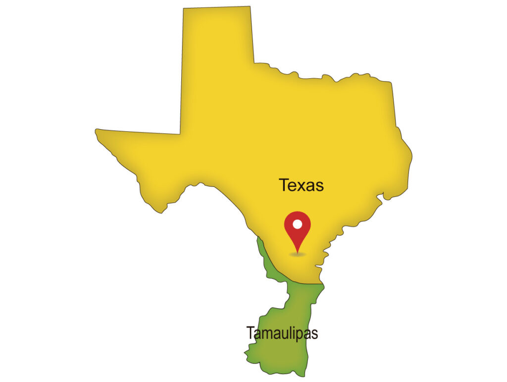Mapa de la frontera entre Texas y Tamaulipas que muestra las principales rutas del tráfico ilegal de armas hacia México.