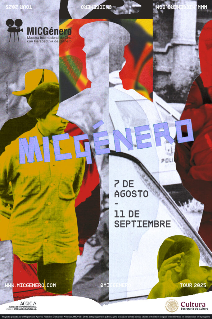 Póster oficial del MICGÉNERO Tour 2025 diseñado por Celina Pereira, con siluetas humanas y texto "MICGÉNERO" y fechas del 7 de agosto al 11 de septiembre.