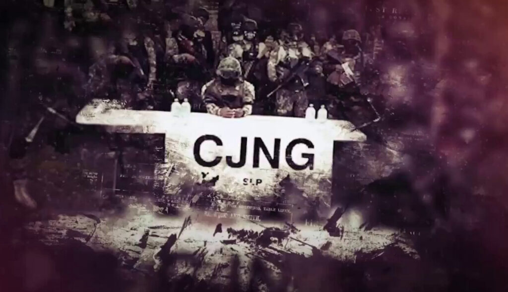 Imagen con el logo del Cártel Jalisco Nueva Generación (CJNG) y siluetas de hombres armados, con un estilo de propaganda oscura.