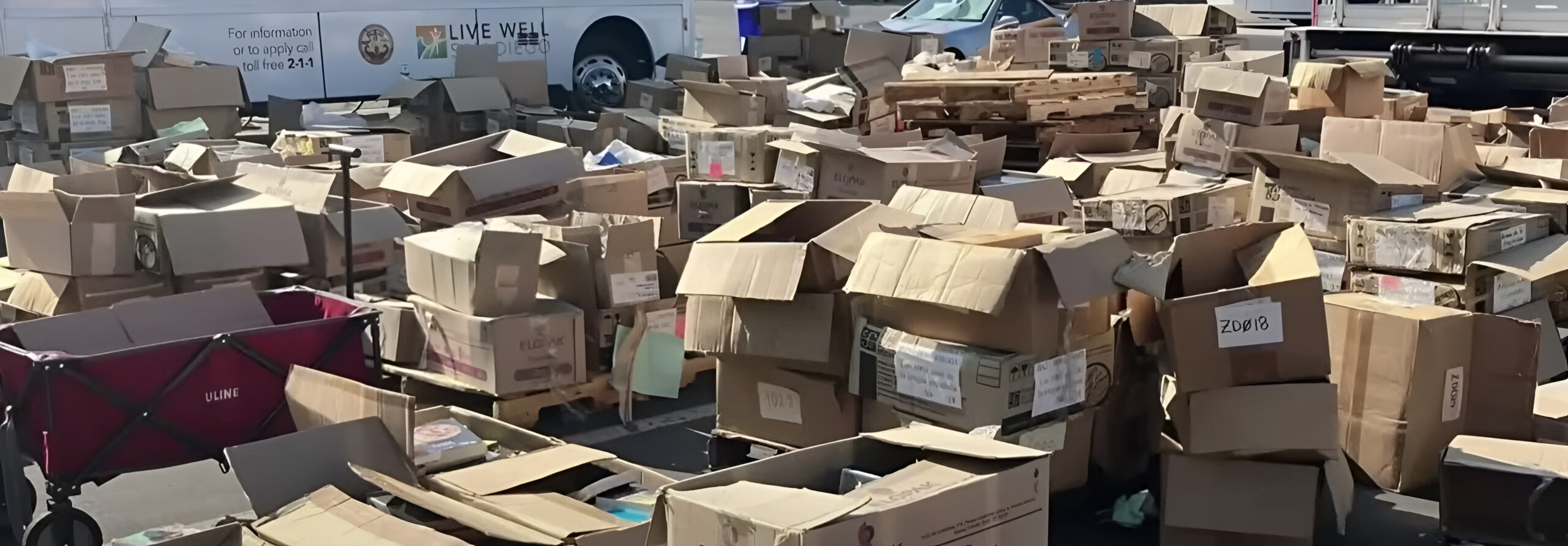 Miles de libros del Fondo de Cultura Económica apilados en un estacionamiento de San Diego.