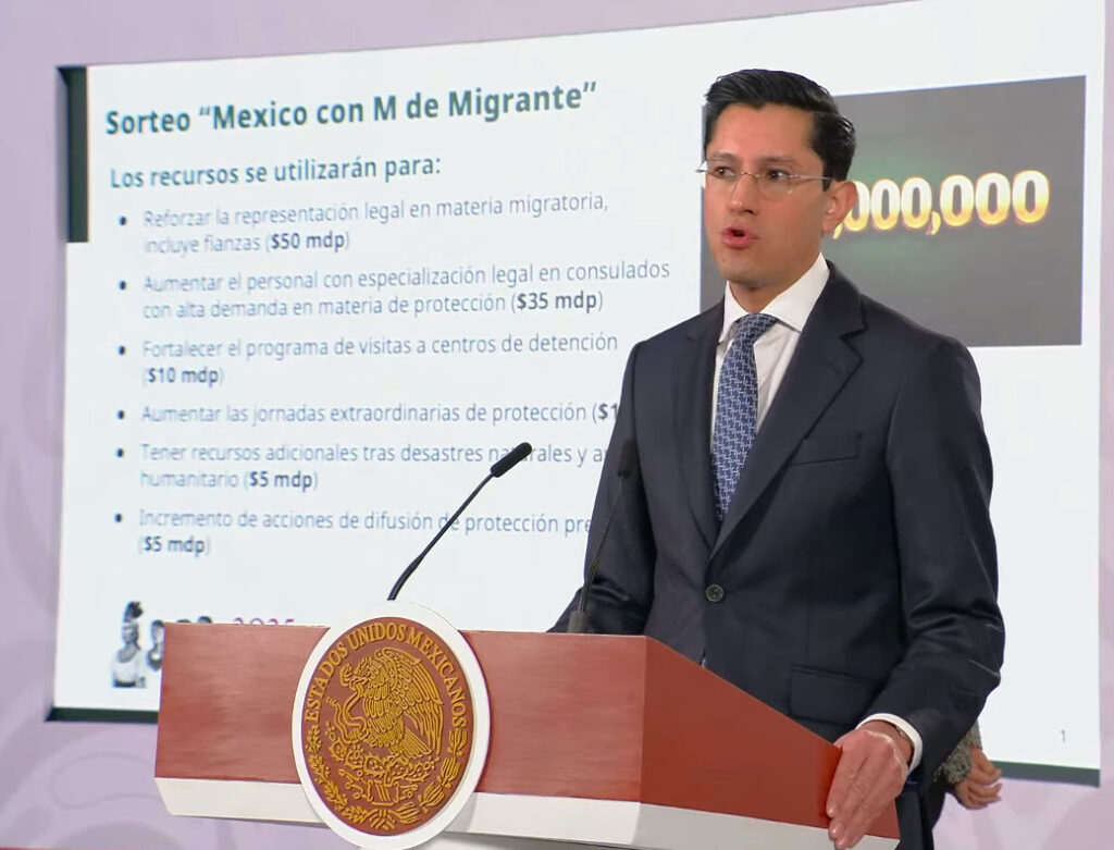 Roberto Velasco Álvarez, encargado de despacho de la SRE, exponiendo el desglose de los 115 millones de pesos recaudados en el sorteo 'México con M de Migrante' para protección consular.