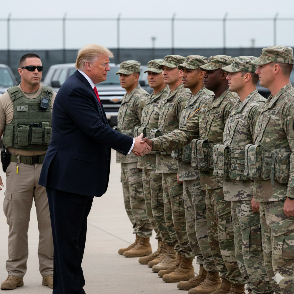 Donald Trump saludando a elementos del ejército de los Estados Unidos durante una ceremonia oficial.