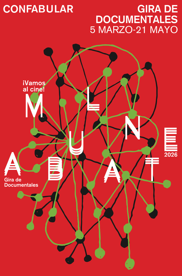 Póster oficial de la Gira de Documentales Ambulante 2026, diseño con fondo rojo, nodos verdes y negros, y el texto Ambulante 21.ª edición.
