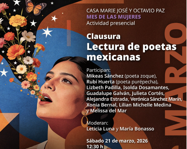 Cartel del evento Clausura Lectura de poetas mexicanas con ilustración de una mujer de cuyo aliento brotan flores y mariposas, para el ciclo Mes de las Mujeres 2026.