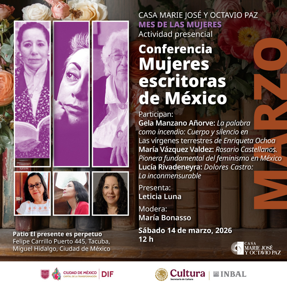 Cartel del evento Mujeres escritoras de México con retratos en tonos púrpura de Enriqueta Ochoa, Rosario Castellanos y Dolores Castro.