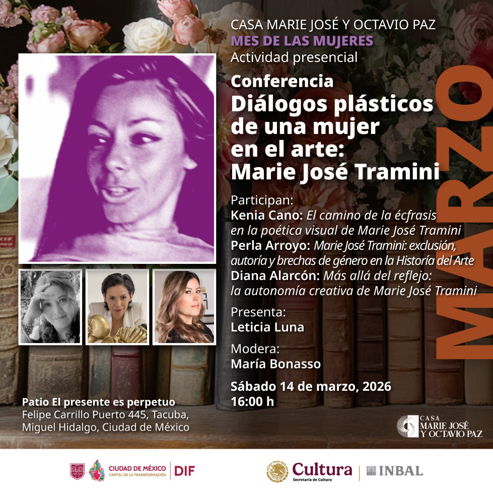 Retrato artístico en tonos púrpura de Marie José Tramini junto a las fotografías de las ponentes Kenia Cano, Perla Arroyo y Diana Alarcón.