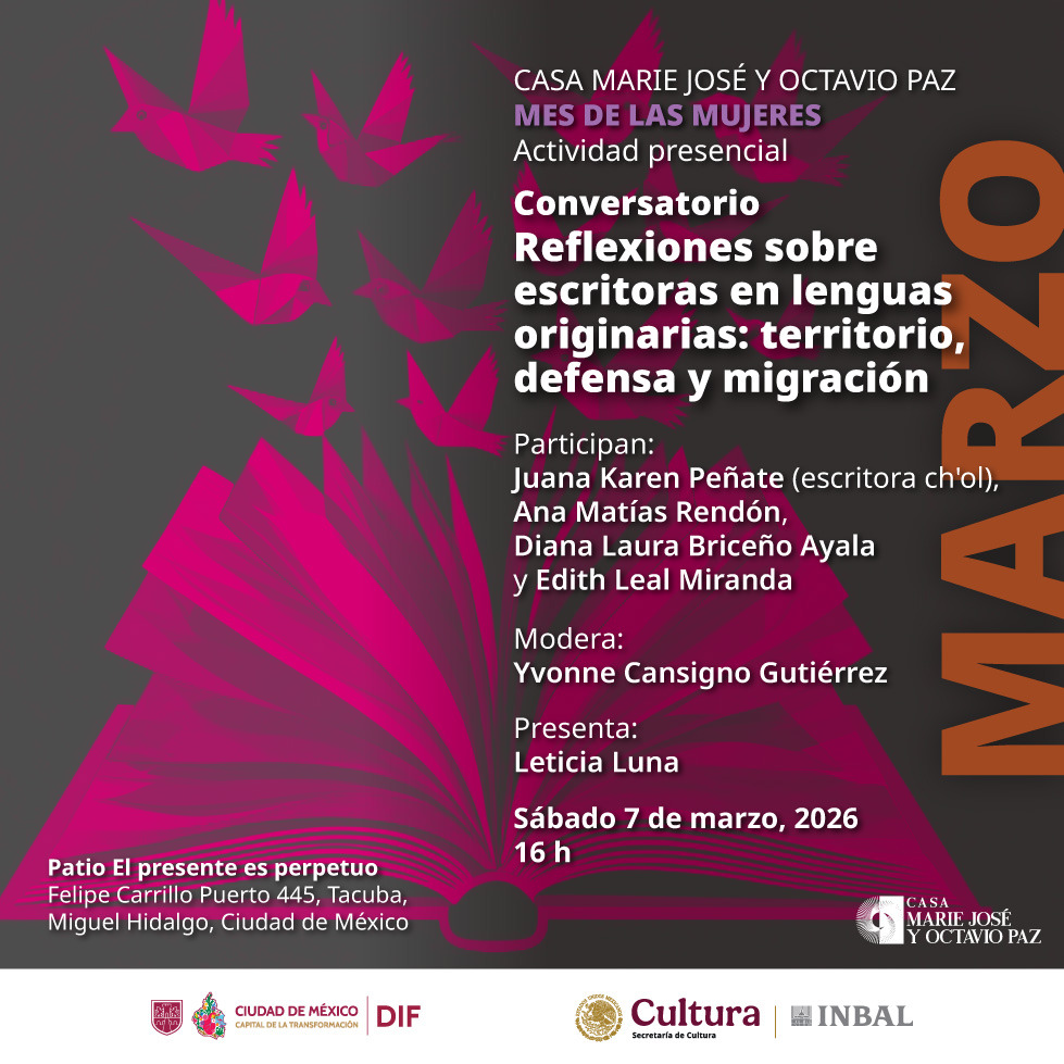 Cartel con diseño de libro abierto y pájaros de origami rosa para el conversatorio sobre escritoras en lenguas originarias con Juana Karen Peñate.