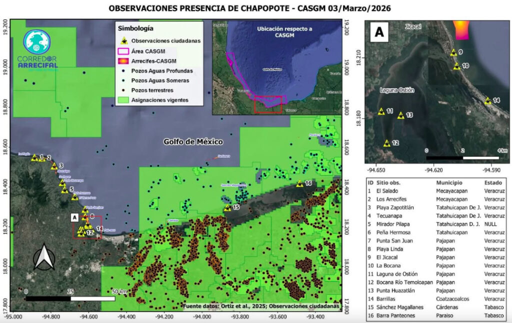 Mapa del Golfo de México que muestra 16 puntos críticos con presencia de chapopote entre Veracruz y Tabasco, incluyendo el Corredor Arrecifal CASGM.