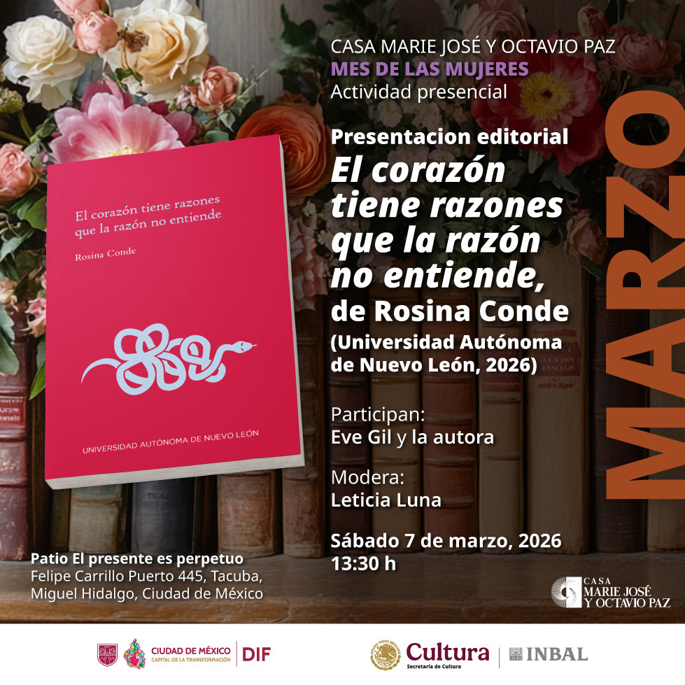 Cartel de la presentación editorial del libro "El corazón tiene razones que la razón no entiende" de Rosina Conde, con la imagen de la portada roja y una serpiente blanca.