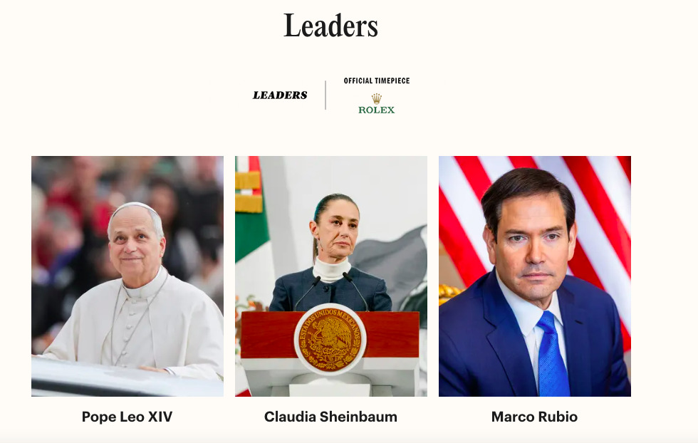 Composición de la sección 'Leaders' de la revista TIME mostrando retratos del papa León XIV, la presidenta de México Claudia Sheinbaum y Marco Rubio.