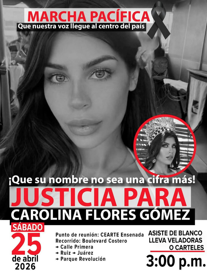 Imagen con fondo morado y rosa que contiene texto en blanco convocando a una marcha pacífica para pedir justicia por el caso de Carolina Flores el sábado 25 de abril.