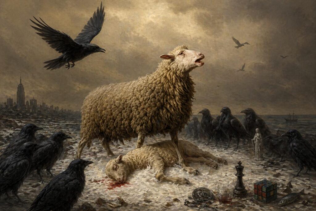 Una pintura al estilo del Antiguo Maestro que muestra a una oveja angustiada de pie sobre un cordero muerto ensangrentado en un paisaje de playa apocalíptico, rodeado de cuervos negros y objetos de la cultura pop, como un Cubo de Rubik y una pieza de ajedrez, con una ciudad moderna en el fondo.