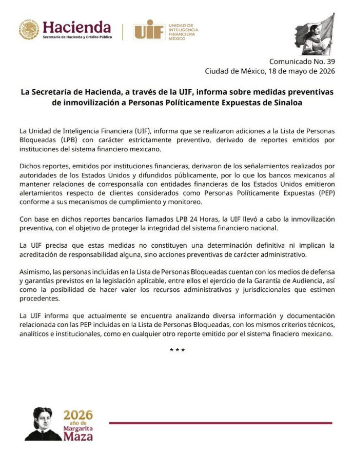 Documento oficial impreso en hoja membretada de la Secretaría de Hacienda y Crédito Público y la Unidad de Inteligencia Financiera (UIF), titulado Comunicado Número 39 con fecha del 18 de mayo de 2026.