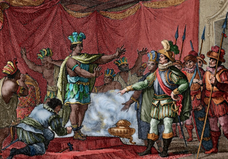 Grabado histórico coloreado que representa el encuentro entre el conquistador español Hernán Cortés, con armadura, y el emperador azteca Moctezuma II, con vestimenta de plumas, rodeados de sus respectivos séquitos.