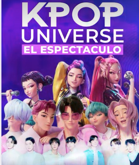 Cartel promocional del evento 'KPOP UNIVERSE: EL ESPECTACULO', que presenta un grupo de personajes digitales con estética K-pop sobre un fondo morado brillante.