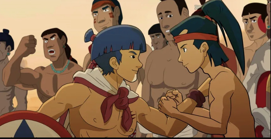Ilustración de estilo animación que muestra a guerreros indígenas frente a un antiguo templo prehispánico y una pirámide maya o azteca bajo un cielo estrellado.