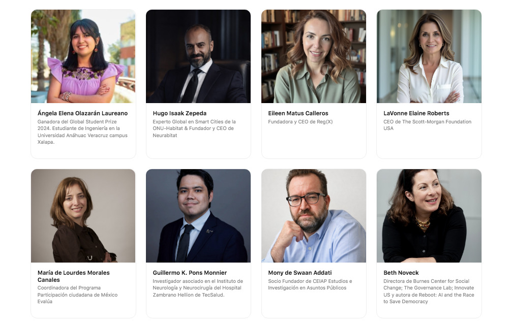 Retratos de ocho ponentes del foro, incluyendo a Ángela Elena Olazarán, Hugo Isaak Zepeda, Eileen Matus, LaVonne Elaine Roberts, María de Lourdes Morales, Guillermo K. Pons, Mony de Swaan y Beth Noveck.