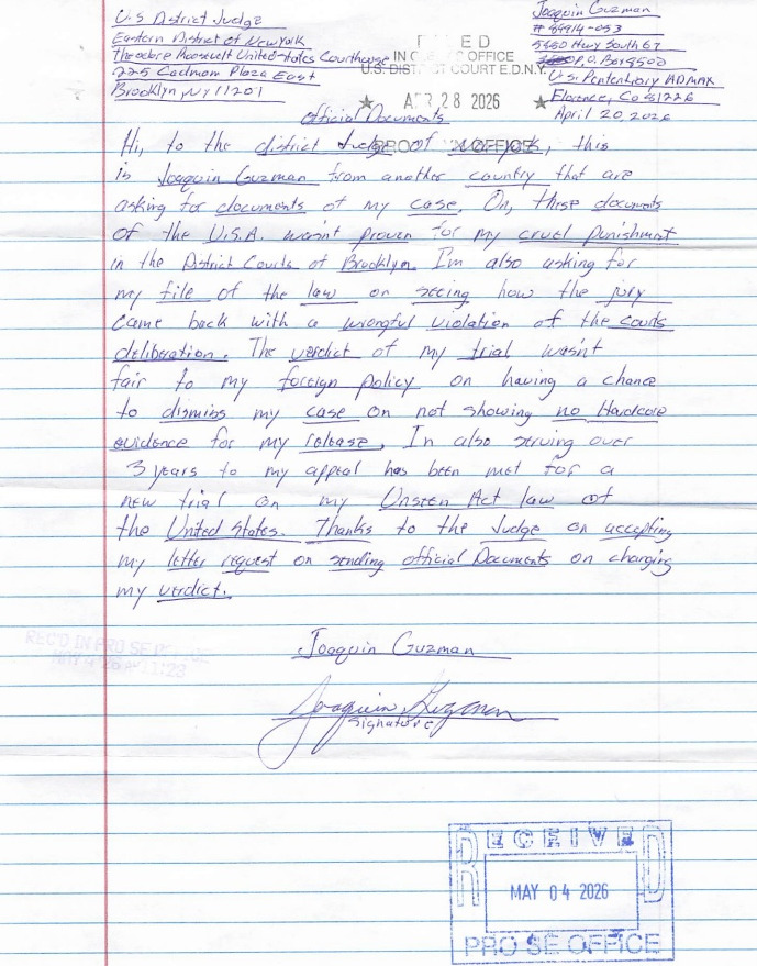 Documento manuscrito de Joaquín Guzmán Loera, 'El Chapo', recibido por la Corte Federal el 4 de mayo de 2026, con fecha de origen del 20 de abril de 2026.
