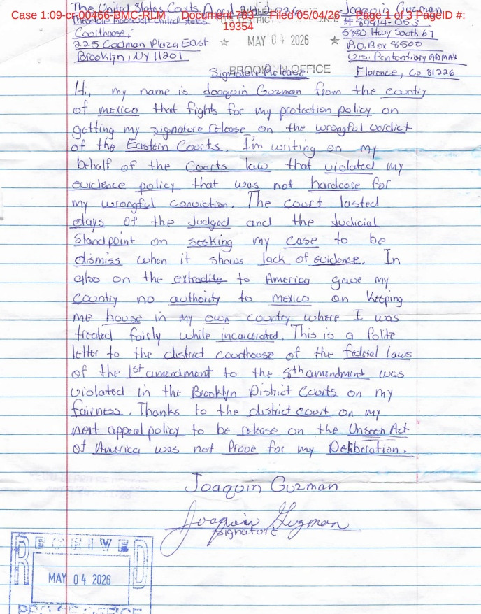 Documento manuscrito de Joaquín Guzmán Loera, 'El Chapo', recibido por la Corte Federal en Brooklyn, Nueva York, el 4 de mayo de 2026.