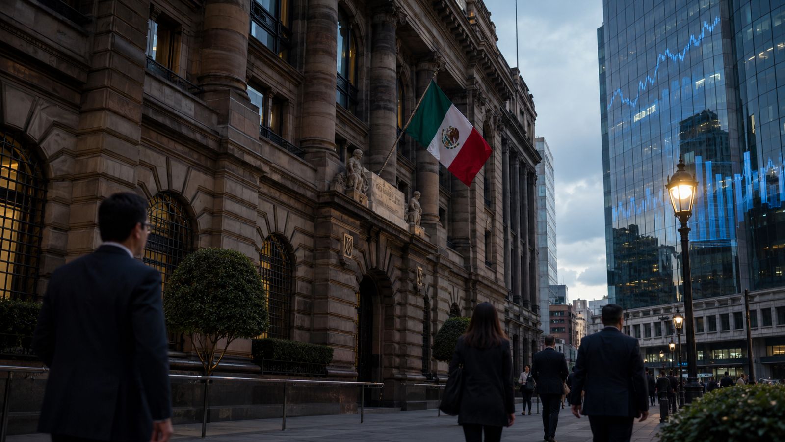 Fotografía a nivel de calle del edificio histórico del Banco de México (Banxico) en el Centro Histórico de la Ciudad de México, mostrando la bandera mexicana ondeando en su fachada de piedra. En primer plano, transeúntes y profesionales con vestimenta de negocios caminan por la acera. Al fondo a la derecha, un rascacielos de cristal moderno refleja gráficos financieros digitales azules junto a un farol urbano encendido al atardecer.