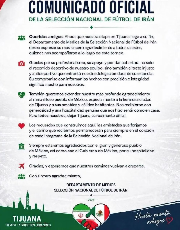 Documento oficial en español emitido por el Departamento de Medios de la Selección Nacional de Fútbol de Irán titulado 'COMUNICADO OFICIAL'. El texto expresa un sincero agradecimiento al pueblo de México y a los habitantes de Tijuana por su hospitalidad y apoyo durante el torneo de 2026. El diseño incluye viñetas con iconos de colores y un remate inferior con la silueta urbana de Tijuana, un logotipo de manos estrechándose en forma de corazón con las banderas de Irán y México, y la frase manuscrita 'Hasta pronto, amigos'.