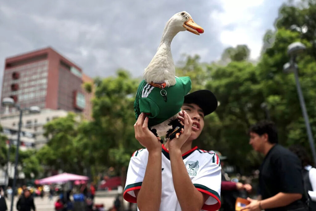 Un joven llamado Cristian, vistiendo la playera blanca de la selección mexicana de fútbol y una gorra negra volteada hacia atrás, sostiene en alto con ambas manos a un pato blanco doméstico. El ave viste su característica camiseta verde deportiva con franjas blancas. La escena ocurre al aire libre en una plaza pública rodeada de árboles verdes, con un edificio de arquitectura urbana roja al fondo bajo un cielo nublado.