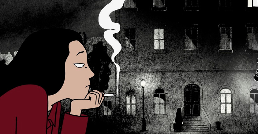 Ilustración en color y blanco y negro de la película animada Persépolis, mostrando de perfil a una joven con abrigo rojo fumando un cigarrillo, con un fondo nocturno de un edificio urbano europeo iluminado por una farola.