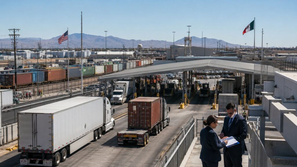 Vista elevada de una aduana fronteriza terrestre con camiones de carga de carga pesada haciendo fila para cruzar bajo una estructura techada. De fondo ondean las banderas de Estados Unidos y México, rodeadas por trenes con contenedores, almacenes y cerros secos. En primer plano, una mujer y un hombre en trajes formales revisan documentos en una carpeta.
