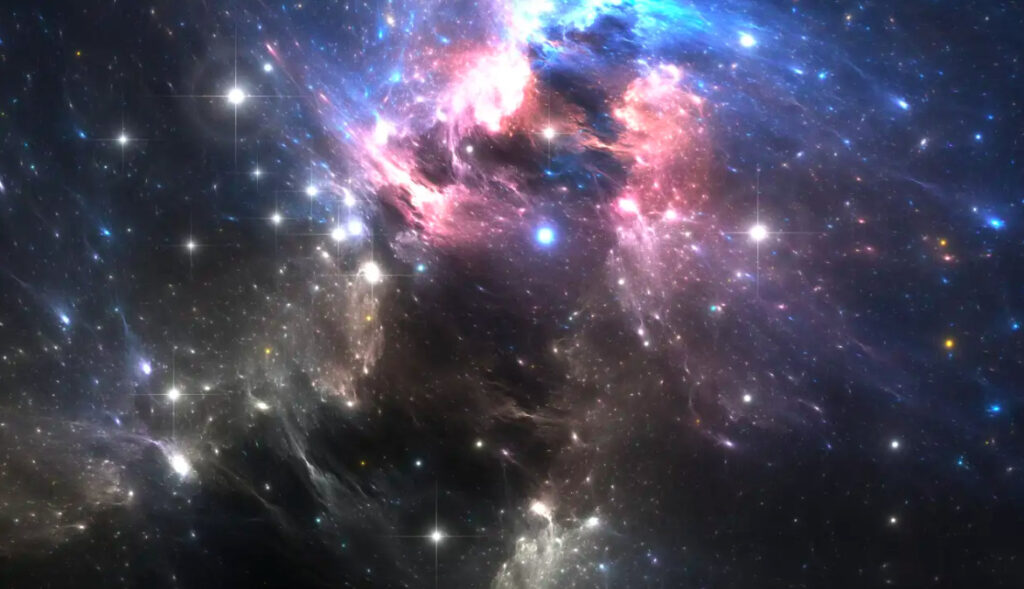 Representación artística del espacio profundo que muestra una densa nube de gas interestelar y polvo cósmico cerca del centro de la Vía Láctea. La nebulosa brilla con vibrantes tonos de color rosa, magenta y azul brillante sobre un fondo oscuro salpicado de innumerables estrellas de diferentes tamaños. En el lado izquierdo destacan varias estrellas blancas muy brillantes con destellos en forma de cruz, rodeadas de cúmulos estelares más pequeños y filamentos gaseosos difusos en tonos grises y dorados.