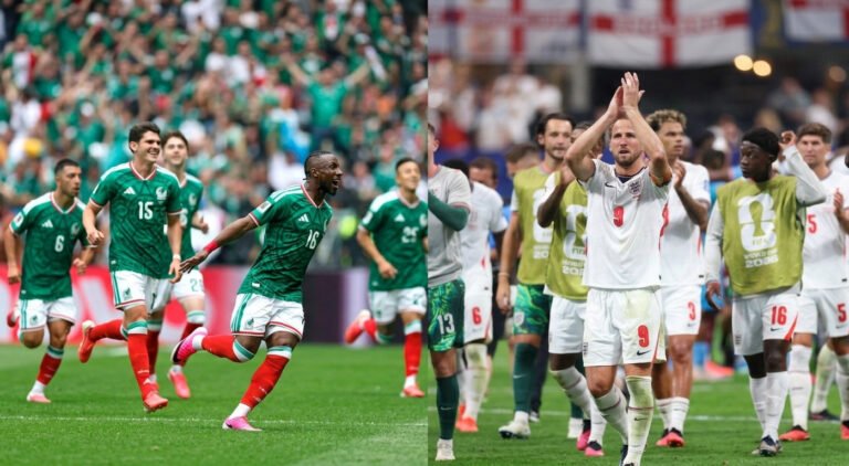 Jugadores de la Selección Mexicana celebrando un gol y la Selección de Inglaterra aplaudiendo durante la Copa Mundial 2026, partido de octavos de final.