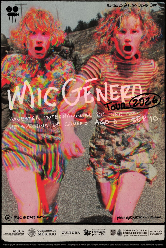 Póster oficial de la muestra cinematográfica MICGénero Tour 2026 con una ilustración psicodélica y de colores saturados en tonos rosa, rojo, amarillo y azul. En el diseño se observa a dos personas corriendo hacia el frente sobre un camino pavimentado, ambas con cabello rizado y expresiones de asombro o grito con la boca abierta. Al centro del cartel se lee con letras blancas "MICGÉNERO" y a la derecha "TOUR 2026" encerrado en un óvalo negro dibujado a mano. Abajo se complementa con el texto "MUESTRA INTERNACIONAL DE CINE CON PERSPECTIVA DE GÉNERO. AGO 6 — SEP 10". En la parte superior derecha se atribuye la autoría al ilustrador Oona Ope, y en la franja inferior blanca se incluyen los logotipos oficiales de la Secretaría de Cultura del Gobierno de México y del Gobierno de la Ciudad de México.