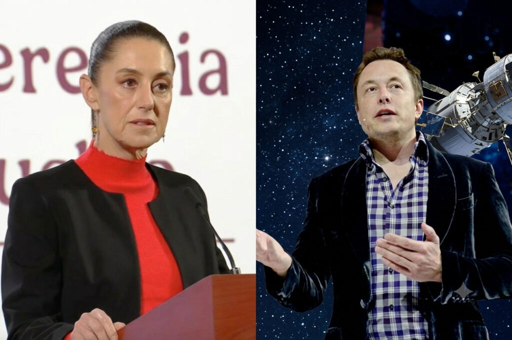 Composición fotográfica dividida en dos secciones. A la izquierda, la presidenta Claudia Sheinbaum viste un saco negro y blusa de cuello alto color rojo mientras habla desde un pódium de madera sobre un fondo blanco. A la derecha, Elon Musk aparece vistiendo camisa a cuadros y saco oscuro gesticulando con las manos sobre un fondo del espacio estrellado con un satélite en órbita.
