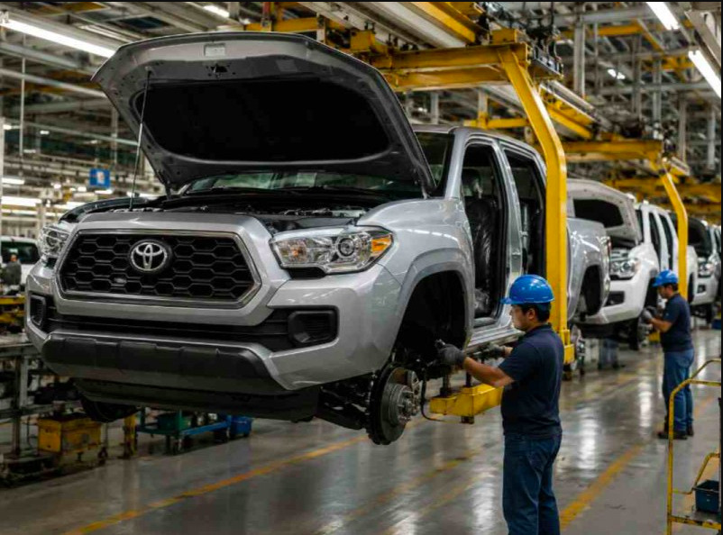 Fotografía del interior de la planta automotriz de Toyota en Baja California que muestra la línea de ensamblaje móvil. En primer plano, una camioneta pick-up Toyota Tacoma gris plateada se encuentra suspendida en una estructura amarilla de la línea de producción, con el cofre abierto y sin llantas, dejando expuesto el sistema de frenos de disco. Un operador con casco azul, playera tipo polo oscura y guantes trabaja en la zona de la rueda delantera. Al fondo, se observa a otro trabajador en una estación posterior operando de la misma manera con más unidades en fila.