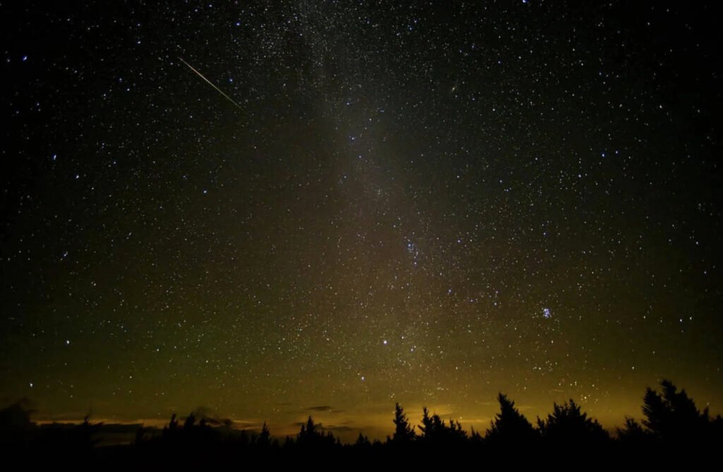 Fotografía nocturna en plano general de un cielo estrellado denso con la Vía Láctea sutilmente visible. En la parte superior izquierda destaca el trazo luminoso y verdoso de un meteoro atravesando la atmósfera. En la parte inferior se observa la silueta oscura de una línea de árboles frente al horizonte teñido de un leve resplandor dorado.