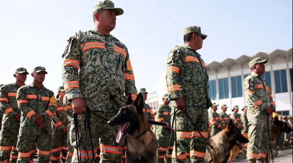 Integrantes de la brigada de rescate de la Sedena y binomios caninos del ejército mexicano formados en pista para despliegue de ayuda humanitaria en Colombia.