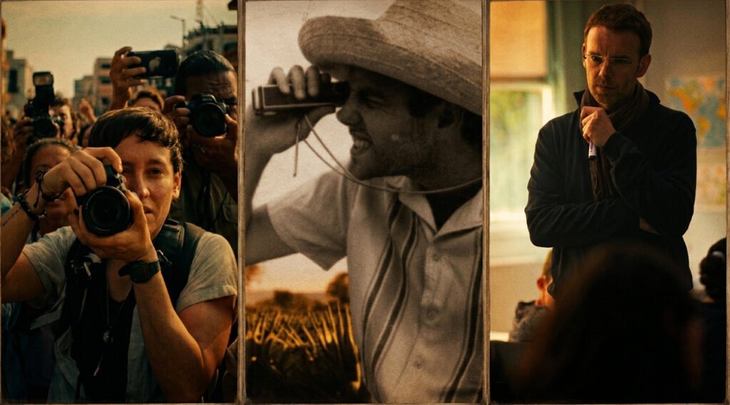 Collage de tres fotogramas cinematográficos representativos de la cartelera de octubre en Cineteca Tijuana, incluyendo escenas con fotógrafos y personajes dramáticos.