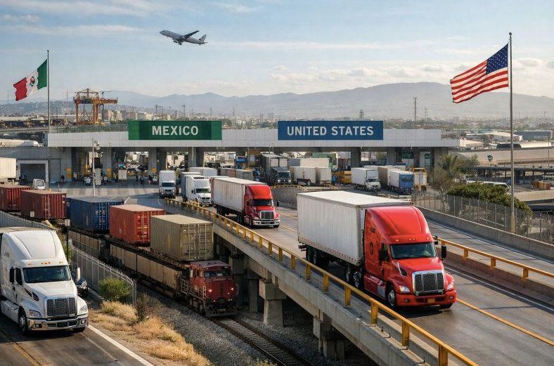 Cruce fronterizo entre México y Estados Unidos con transporte de carga y camiones, ilustrando el intercambio comercial récord.