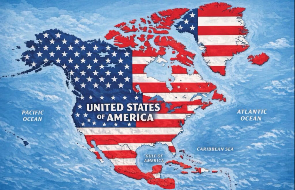 Mapa de Norteamérica publicado por Donald Trump en red social donde el territorio de México, Canadá, Groenlandia y el Caribe aparecen cubiertos por la bandera de Estados Unidos con la leyenda United States of America.