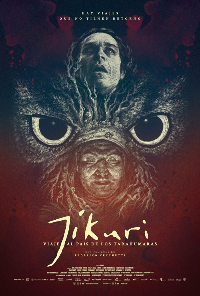 Póster oficial del largometraje Jíkuri: viaje al país de los tarahumaras con una ilustración artística que integra rostros y los ojos de un búho.