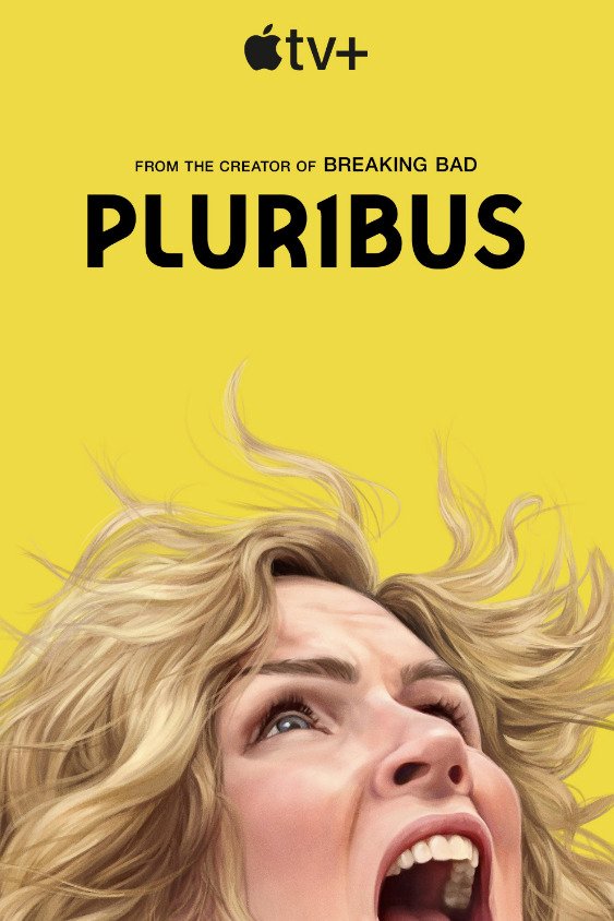 Póster oficial de la serie Pluribus de Apple TV+ con fondo amarillo intenso que muestra el rostro expresivo y cabello rubio de Rhea Seehorn.