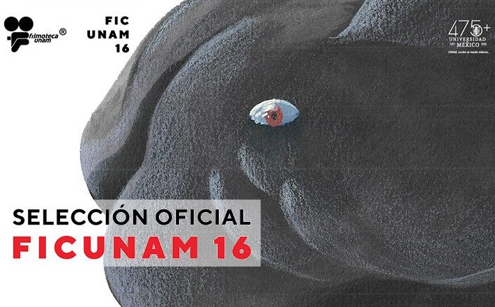 Cartel oficial del festival FICUNAM 16 con el texto Selección Oficial y un diseño artístico en tonos oscuros con la ilustración de un ojo.