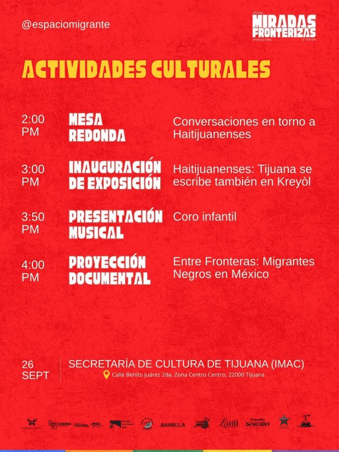 Cartel rojo con el programa de actividades culturales del Festival Miradas Fronterizas, incluyendo mesas redondas, exposición sobre la comunidad haitiana y proyección documental.