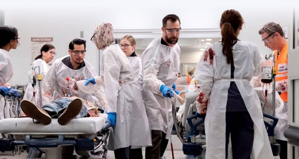 Escena de la serie dramática The Pitt mostrando a un equipo médico de emergencias atendiendo a un paciente en una camilla de hospital.