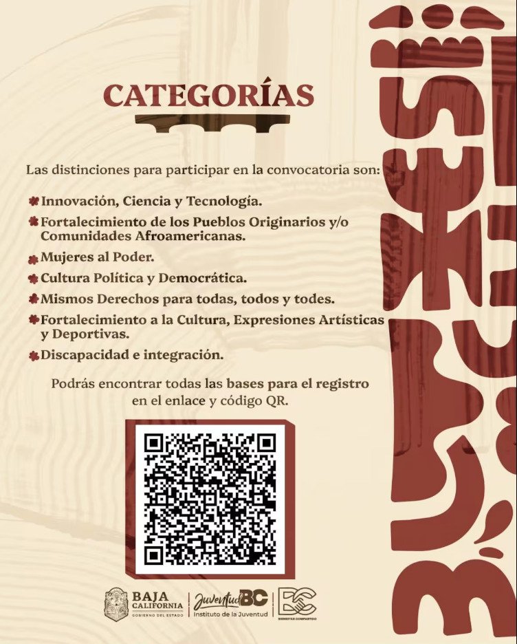 Infografía con las siete categorías de participación del Premio Estatal de la Juventud 2026 en Baja California y un código QR para el registro.