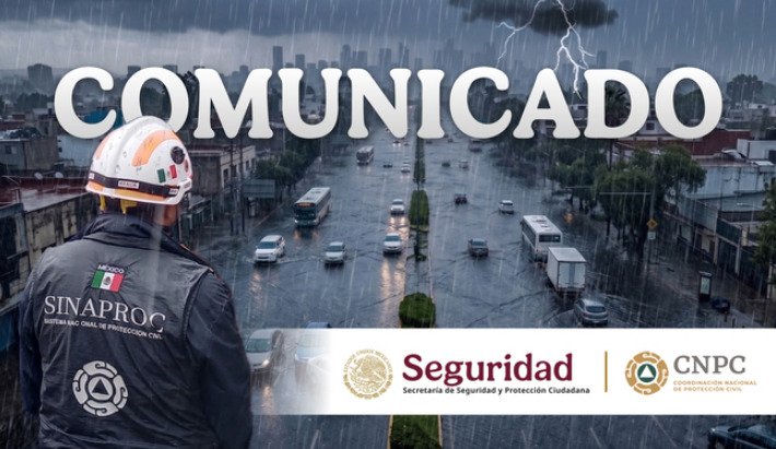 Gráfico de comunicado oficial de la Coordinación Nacional de Protección Civil (CNPC) sobre los efectos del frente frío número 2 y lluvias torrenciales.
