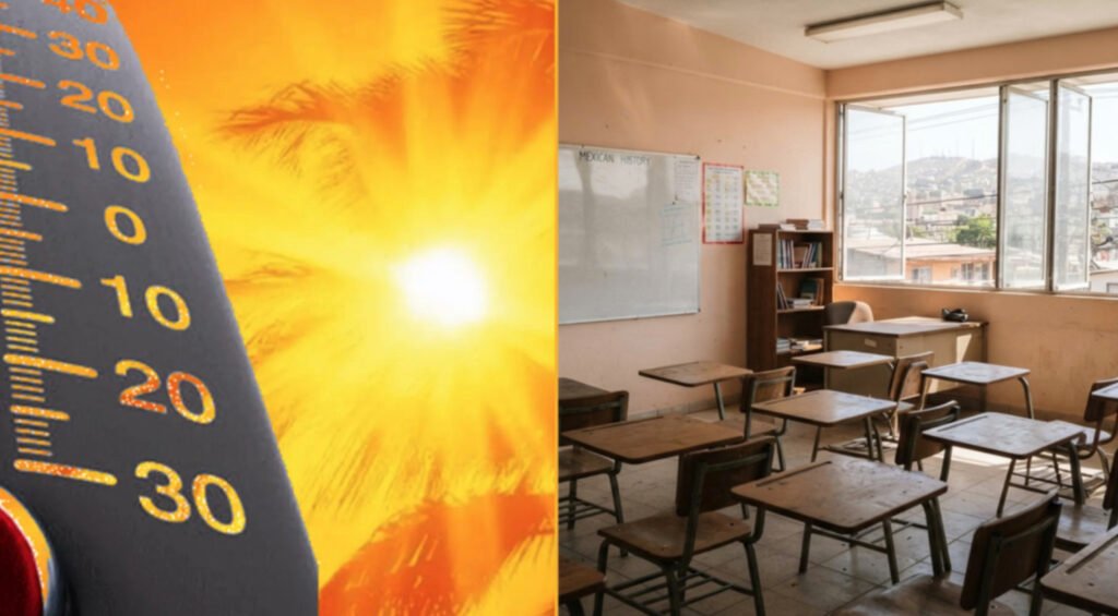 Composición visual con un termómetro marcando altas temperaturas por calor bajo el sol y el interior de un salón de clases vacío con pupitres en Tijuana.